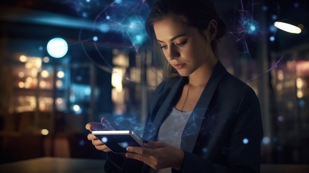 A woman uses a digital tablet to enter the sometimes magical realm of social media.