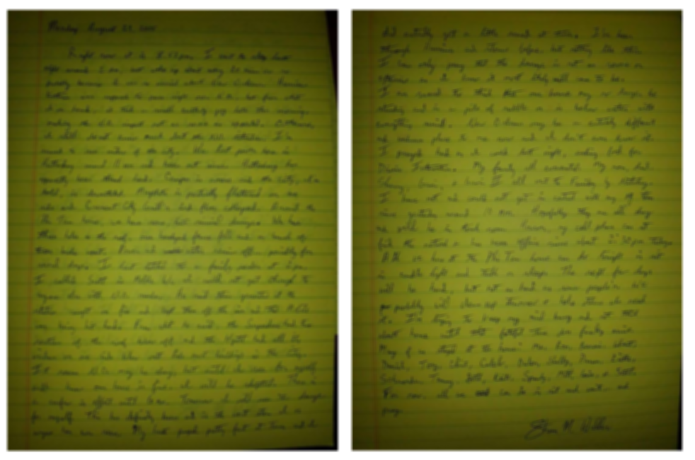 Handwritten journal entry on yellow legal pad dated August 29, 2005, documenting the author’s thoughts and fears during Hurricane Katrina while staying in Hattiesburg, Mississippi.