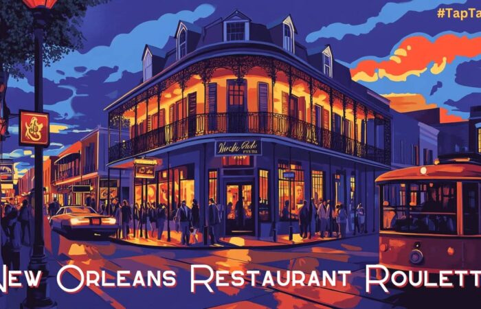 Vibrant illustration of a New Orleans restaurant and streetcar at sunset promoting New Orleans Restaurant Roulette, a free dining tool for New Orleans COOLinary created by HEROfarm Marketing & PR.