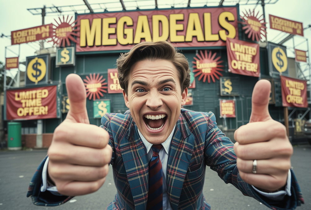 A smiling man in a plaid suit gives two thumbs up in front of dozens of signs reading “MEGADEALS” and “LIMITED TIME OFFER!” in bold red and yellow lettering.