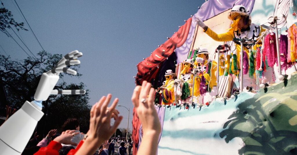 A robotic arm reaching toward a Mardi Gras parade float as crowds throw beads in New Orleans
